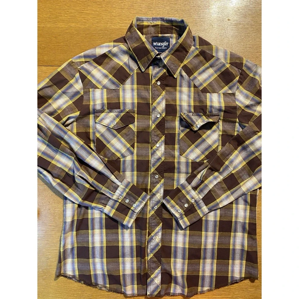 Wrangler Western‎ Shirt L Brown Yellow Check Pearl Snap Cowboy Rodeo 75204PP Y2K
